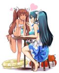  2girls :d bare_shoulders bikini breasts brown_hair cleavage closed_eyes food frilled_bikini frills green_hair hair_ribbon hat heart holding holding_spoon ice_cream isuzu_(kantai_collection) kantai_collection large_breasts libeccio_(kantai_collection) long_hair looking_at_another midriff mini_hat mizumoto_tadashi multiple_girls navel open_mouth ribbon simple_background sitting smile swimsuit table twintails white_background 