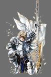  1boy apt armor blonde_hair blue_eyes eyepatch full_body gauntlets greaves grey_background gyakushuu_no_fantasica halberd highres holding holding_weapon kneeling looking_at_viewer male_focus official_art polearm scar simple_background solo weapon 