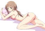  1girl ass bangs barefoot bikini breasts brown_eyes closed_mouth commentary_request cushion eyebrows_visible_through_hair hair_ornament hair_scrunchie large_breasts light_brown_hair long_hair looking_at_viewer lying matsumoto_yoriko mel_(melty_pot) object_hug on_stomach pink_bikini ponytail scrunchie shadow side-tie_bikini sideboob sidelocks soles solo swimsuit toes white_background yuyushiki 