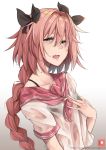  1boy angry_num black_ribbon blush braid fang fate/apocrypha fate/grand_order fate_(series) gradient gradient_background hair_ribbon long_hair looking_to_the_side male_focus open_mouth patreon_username pink_eyes pink_hair ribbon rider_of_black school_uniform serafuku short_sleeves single_braid solo trap 