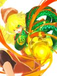  1girl :o aiming_at_viewer al_bhed_eyes arms_(game) bakage bangs beanie black_legwear blonde_hair bob_cut breasts bright_pupils chinese_clothes clothes_writing crop_top domino_mask dragon dragon_(arms) eastern_dragon facing_away food green_eyes green_shirt hair_between_eyes hair_over_one_eye hat hat_removed headwear_removed leg_up leggings legwear_under_shorts looking_at_viewer mask medium_breasts min_min_(arms) noodles open_mouth orange_hat orange_shorts scales shirt short_hair shorts solo standing standing_on_one_leg teeth tongue turtleneck white_pupils 