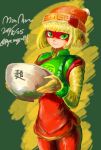  1girl 2017 al_bhed_eyes arms_(game) bangs beanie blonde_hair blunt_bangs bob_cut bowl bracelet character_name chinese_clothes closed_mouth cowboy_shot crop_top dated domino_mask food green_background green_eyes green_shirt hat holding holding_bowl jewelry legs_together lips mask min_min_(arms) noodles orange_hat orange_shorts pink_lips poyopoyo_(poyo_mega181) shirt short_hair shorts smile solo standing turtleneck twitter_username 
