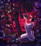  1girl bangs black_hair blunt_bangs blurry bone depth_of_field from_side giant holding_skull indoors japanese_clothes kimono kyara36 obi oni original profile purple_kimono sash seiza shadow short_hair sitting skeleton skull solo window 