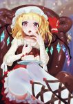  1girl alternate_costume blonde_hair blurry bridal_gauntlets cake chair depth_of_field dress eating flandre_scarlet food frilled_skirt frills fruit hand_on_own_face hat heart highres icing indoors leg_ribbon light_particles liyou-ryon looking_at_viewer messy mob_cap open_mouth plate raglan_sleeves reclining red_choker red_dress ribbon short_hair side_ponytail sitting skirt solo strawberry thigh-highs touhou violet_eyes white_legwear wings 