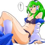  1girl aono3 black_panties breasts cleavage detached_sleeves frog_hair_ornament green_eyes green_hair hair_ornament hair_tubes highres kochiya_sanae navel panties solo touhou translated underwear 