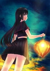  1girl bad_id bad_pixiv_id bangs black_serafuku black_skirt closed_mouth crop_top eyebrows_visible_through_hair holding_lantern kyara36 long_hair looking_to_the_side original outdoors pleated_skirt red_eyes school_uniform serafuku short_sleeves sidelocks skirt solo standing straight_hair thighs 