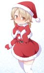  belt blonde_hair blush capelet commentary embarrassed hand_on_own_chest hat idolmaster idolmaster_cinderella_girls long_sleeves looking_away mittens morikubo_nono nervous orange_eyes santa_costume santa_hat simple_background skirt solo standing sweatdrop thigh-highs ushi white_background white_legwear 