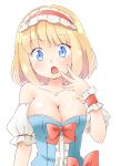 1girl :o adapted_costume alice_margatroid arnest bangs bare_shoulders blonde_hair blue_dress blue_eyes blush bow breasts cleavage collarbone detached_sleeves dress hairband large_breasts open_mouth red_bow short_hair simple_background solo touhou upper_body white_background 