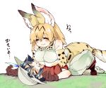  2girls absurdres animal_ears black_hair bow bowtie bucket_hat commentary_request hair_between_eyes hat hat_feather high-waist_skirt highres kaban_(kemono_friends) kemono_friends multiple_girls red_shirt serval_(kemono_friends) serval_ears serval_print serval_tail shigurio shirt short_hair shorts sitting sitting_on_person skirt sleeveless sleeveless_shirt striped_tail tail translated wavy_hair 