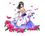  1girl arm_ribbon black_hair blue_eyes blue_flower blue_ribbon bodskih breasts dress flower gloves hair_flower hair_ornament head_wreath jewelry long_hair looking_at_viewer looking_back medium_breasts necklace nico_robin one_piece petals red_flower ribbon sideboob sleeveless sleeveless_dress solo standing strapless strapless_dress transparent_background white_gloves yellow_flower 