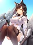  1girl :&gt; animal_ears atago_(azur_lane) azur_lane bangs black_legwear blue_sky closed_mouth day double-breasted eyebrows_visible_through_hair garter_straps gloves hand_up highres index_finger_raised knees_together_feet_apart long_hair looking_at_viewer mole mole_under_eye outdoors rigging sidelocks sky smile solo sukemyon swept_bangs thigh-highs thighs uniform wavy_hair white_gloves 