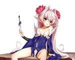  1girl bare_shoulders blue_eyes ehart elf flower hair_flower hair_ornament knife long_hair looking_at_viewer original pikn_hair planted_knife planted_weapon pointy_ears sitting solo throwing_knife very_long_hair weapon wide_sleeves 