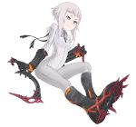  1girl bangs biker_clothes bikesuit black_footwear black_gloves boots closed_mouth commentary_request full_body gloves grey_eyes kazuoki long_sleeves original shoe_soles short_hair_with_long_locks sickle silver_hair simple_background sitting smile solo spikes white_background 