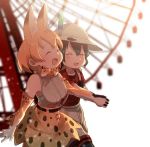  animal_ears backpack bag black_gloves black_hair blonde_hair blurry blurry_background blush bucket_hat closed_eyes commentary_request depth_of_field eyebrows_visible_through_hair ferris_wheel fur_collar gloves hair_between_eyes hand_holding hat hat_feather high-waist_skirt kaban_(kemono_friends) kemono_friends open_mouth outdoors print_bowtie print_skirt red_shirt serval_(kemono_friends) serval_ears serval_print shirt short_hair shorts skirt sleeveless sleeveless_shirt wavy_hair yutsu 