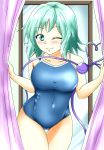  1girl absurdres blue_swimsuit breasts competition_school_swimsuit competition_swimsuit curtain_grab curtains d-m_(dii_emu) eyeball green_eyes green_hair heart heart_of_string highres komeiji_koishi looking_at_viewer medium_breasts mirror one-piece_swimsuit short_hair smile solo swimsuit third_eye touhou 