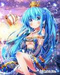  1girl barefoot blue_eyes blue_hair blush breasts character_request cleavage clouds copyright_request crown detached_sleeves dress fish fujiwara_gacho hand_on_own_chest head_fins highres outdoors sky smile solo tears 