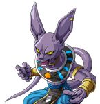  1boy animal_ears armband beerus black_eyes cat_ears claws dragon_ball dragon_ball_super egyptian_clothes fangs highres jewelry kamishima_kanon male_focus neck_ring open_mouth purple_skin single_earring solo tail toned toned_male wrist_cuffs yellow_sclera 