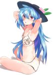  1girl armpits arms_behind_head ass asuzemu bare_arms bare_legs black_hat blue_hair bra flat_chest hair_between_eyes hat hinanawi_tenshi long_hair looking_at_viewer looking_back panties red_eyes shiny shiny_hair simple_background sitting solo touhou underwear underwear_only v white_background white_bra white_panties 