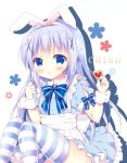  1girl :o alice_(wonderland) alice_(wonderland)_(cosplay) alice_in_wonderland apron bangs bitter_crown blue_bow blue_dress blue_neckwear blush bow bowtie character_name collared_dress commentary_request cookie cosplay dress eyebrows_visible_through_hair flat_chest food frilled_dress frills gochuumon_wa_usagi_desu_ka? hair_ornament hairband hairclip holding holding_food kafuu_chino light_blue_hair long_hair looking_at_viewer parted_lips puffy_short_sleeves puffy_sleeves shadow short_sleeves sidelocks sitting solo striped striped_bow striped_bowtie striped_legwear thigh-highs white_apron white_background white_hairband wing_collar wrist_cuffs x_hair_ornament 