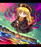  1girl aura bangs black_dress black_hat blonde_hair chibi chinese_clothes commentary_request dated dress energy grass hat junko_(touhou) long_hair long_sleeves outdoors pote_(ptkan) red_eyes smile solo tabard touhou water wide_sleeves 
