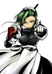  1girl aiming_at_viewer apron black_lagoon breasts bun_cover ciel_manzoku dual_wielding fabiola_iglesias gloves green_eyes green_hair gun hair_bun mag-7 maid maid_headdress medium_breasts shotgun solo waist_apron weapon white_gloves 