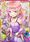  1girl age_regression akkijin butterfly card_(medium) dress flower garden pink_dress pink_eyes pink_hair shinkai_no_valkyrie solo younger 