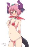  1girl ahoge arm_behind_back armor artist_name bangs bikini bikini_armor blush breasts choker closed_mouth cosplay cowboy_shot dated dragon_tail elizabeth_bathory_(brave)_(fate) elizabeth_bathory_(brave)_(fate)_(cosplay) embarrassed eyebrows_visible_through_hair fate/grand_order fate_(series) hand_on_own_chest horns lancer_(fate/extra_ccc) looking_at_viewer mel_(melty_pot) navel nonohara_yuzuko nose_blush oversized_clothes pauldrons pink_eyes pink_hair red_bikini red_choker short_hair simple_background small_breasts solo standing stomach sweatdrop swimsuit tail tiara wavy_mouth white_background yuyushiki 
