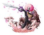  1boy afro black_jacket black_pants bodskih brook cherry_blossoms holding holding_sword holding_weapon jacket long_hair necktie one_piece open_mouth pants pink_hair purple_shirt shiny shiny_clothes shirt skull solo sword transparent_background weapon yellow_necktie 