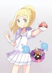  1girl blonde_hair cosmog green_eyes holding holding_poke_ball lillie_(pokemon) long_hair mei_(maysroom) outstretched_arm poke_ball pokemon pokemon_(creature) pokemon_(game) pokemon_sm ponytail short_sleeves simple_background skirt smile white_skirt 