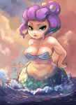  10s 1girl bare_shoulders belly breasts cala_maria_(cuphead) cleavage cuphead_(game) curvy cutesexyrobutts green_eyes hand_on_hip looking_at_viewer medium_breasts mermaid monster_girl naughty_face navel ocean octopus parted_lips raised_eyebrow simple_background solo water wide_hips 
