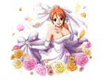  1girl :d bodskih breasts bridal_veil brown_eyes cleavage dress earrings elbow_gloves floating_hair gloves hand_in_hair jewelry large_breasts long_hair nami_(one_piece) necklace one_piece open_mouth orange_flower orange_hair pink_flower ponytail shiny shiny_skin skirt_hold sleeveless sleeveless_dress smile solo strapless strapless_dress transparent_background veil wedding_dress white_dress white_gloves yellow_flower 