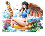  1boy 1girl bird black_bikini_bottom black_hair blonde_hair blue_eyes blue_shirt bodskih breasts cleavage collarbone food heart holding holding_food ice_cream large_breasts legs_crossed long_hair looking_at_viewer multiple_girls navel nico_robin one_piece open_mouth sanji shirt short_sleeves sitting stomach swimwear tied_shirt tongue tongue_out transparent_background 