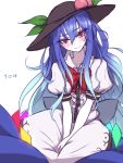 1girl bangs black_hat blue_hair blue_skirt blush bow bowtie center_frills colored_eyelashes commentary_request food fruit hair_between_eyes hat head_tilt highres hinanawi_tenshi long_hair long_skirt looking_at_viewer miata_(miata8674) number peach puffy_short_sleeves puffy_sleeves red_bow red_bowtie red_eyes short_sleeves sidelocks simple_background skirt smile solo touhou tsurime v_arms very_long_hair white_background white_skin