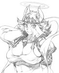  1girl animal_ears arms_at_sides breasts cat_ears cat_girl character_request cleavage dress eyelashes graphite_(medium) hagoromo halo highres impossible_clothes impossible_dress jewelry kei_(bekei) large_breasts looking_at_viewer mechanical_pencil muscle muscular_female navel necklace original pencil shawl short_hair sketch skindentation smile solo spaulders tiara traditional_media upper_body veil 