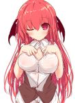  1girl bangs breasts cleavage collarbone head_wings koakuma large_breasts looking_at_viewer one_eye_closed pandamonium red_eyes redhead shirt smile solo touhou unbuttoned upper_body vest wet wet_clothes wet_hair white_shirt wing_collar 