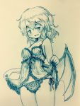  1girl arinu babydoll bare_arms bat_wings breasts clothes_lift cowboy_shot fang highres lace lace-trimmed_panties lifted_by_self looking_at_viewer medium_breasts messy_hair monochrome panties remilia_scarlet side-tie_panties slit_pupils smile solo touhou underwear wings 