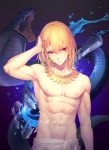  &gt;:( 1boy abs arm_at_side arm_up armpits bangs blonde_hair closed_mouth commentary_request earrings expressionless eyebrows_visible_through_hair fate/extra fate/extra_ccc fate_(series) gilgamesh gradient gradient_background hair_between_eyes hand_on_own_head jewelry liusang looking_at_viewer male_focus navel purple_background red_eyes scales shatter shiny shiny_hair shirtless shoulder_necklace snake stomach translated upper_body 