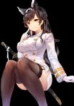  1girl :&gt; absurdres animal_ears atago_(azur_lane) azur_lane bangs black_background black_legwear closed_mouth double-breasted eyebrows_visible_through_hair garter_straps gloves hand_up highres index_finger_raised knees_together_feet_apart long_hair looking_at_viewer mole mole_under_eye sidelocks simple_background smile solo sukemyon swept_bangs thigh-highs thighs uniform wavy_hair white_gloves 