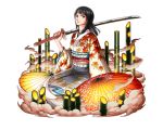  1girl bamboo black_hair blue_eyes bodskih holding holding_sword holding_weapon japanese_clothes katana kimono long_hair looking_at_viewer nico_robin one_piece oriental_umbrella sitting solo sword umbrella weapon 