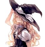  1girl absurdres arm_belt arm_up bare_arms black_hat blonde_hair bow dated hair_bow hat hat_bow highres iijima_masashi kirisame_marisa long_hair profile puffy_short_sleeves puffy_sleeves short_sleeves simple_background solo touhou vest wavy_hair white_background white_bow witch_hat yellow_eyes 