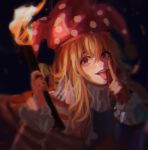 1girl absurdres akanbe american_flag_dress blonde_hair clownpiece frilled_shirt_collar frilled_sleeves frills hair_between_eyes hat highres jester_cap long_sleeves looking_at_viewer polka_dot qin_xin red_eyes smile solo tongue tongue_out torch touhou upper_body 