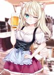  1girl ;) ahoge alcohol animal_ears apron aqua_eyes bangs bar bare_shoulders beer beer_mug blue_apron blue_ribbon blurry blurry_background blush breasts cat_ears chair cleavage corset cowboy_shot cup dirndl eyebrows_visible_through_hair eyelashes frilled_skirt frilled_sleeves frills hand_on_hip highres holding holding_cup indoors lips long_hair looking_at_viewer medium_breasts off_shoulder one_eye_closed original puffy_short_sleeves puffy_sleeves red_skirt ribbon short_sleeves skirt smile solo standing table waist_apron wakatsuki_you wooden_floor 