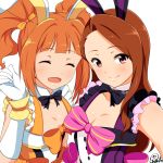  2girls bangs blush breasts brown_hair cleavage closed_eyes closed_mouth collarbone dress eyebrows_visible_through_hair hair_ornament idolmaster jabara_tornado long_hair looking_at_viewer minase_iori multiple_girls open_mouth orange_hair pink_eyes ribbon shiny shiny_hair shiny_skin small_breasts smile takatsuki_yayoi twintails white_background 