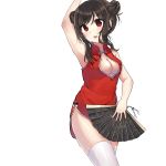  1girl arm_up armpits blush breasts china_dress chinese_clothes cleavage cleavage_cutout cowboy_shot d: double_bun dress eyebrows_visible_through_hair fan folding_fan highres holding holding_fan kinatsu_ship looking_at_viewer medium_breasts open_mouth original red_dress red_eyes short_dress short_hair side_slit sidelocks simple_background solo tareme thigh-highs white_background white_legwear 