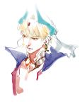  1boy blonde_hair closed_mouth detached_collar earrings eyebrows_visible_through_hair fate/grand_order fate_(series) gem gilgamesh gilgamesh_(caster)_(fate) gorget hat horns jewelry male_focus pauldrons pink_lips portrait red_eyes simple_background solo white_background yosi135 