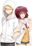  1boy 1girl :d blonde_hair blush brown_hair collarbone couple cowboy_shot finger_marks green_eyes hair_over_one_eye hands_in_pockets hood hoodie kaburagi_sui locked_arms matching_outfit nishio_rina open_mouth shaded_face shiny shiny_hair short_hair shorts simple_background smile soukyuu_no_fafner sumomo_(peach-breath) white_background yellow_eyes 