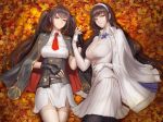  2girls absurdres bangs black_gloves black_hair black_legwear breasts brown_eyes closed_mouth coat commentary_request eyebrows_visible_through_hair fingerless_gloves girls_frontline gloves hairband hand_holding highres interlocked_fingers jacket jacket_on_shoulders large_breasts leaf long_hair looking_at_viewer maple_leaf monaim multiple_girls pantyhose pleated_skirt pouch qbz-95_(girls_frontline) qbz-97_(girls_frontline) revision sidelocks skirt smile thighband_pantyhose twintails white_gloves white_legwear white_skirt 