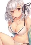  1girl bangs bikini black_ribbon blush breasts cleavage closed_mouth collarbone eyebrows_visible_through_hair front-tie_top girls_frontline hair_ribbon head_tilt highres large_breasts long_hair looking_at_viewer motokonut navel red_eyes ribbon see-through shirt side-tie_bikini sidelocks silver_hair simple_background sitting smile solo spas-12_(girls_frontline) stomach swimsuit thighs twintails white_background white_bikini 