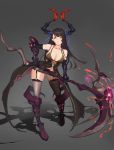  1girl bare_shoulders black_gloves black_hair boots breasts cleavage collarbone demon_girl demon_horns elbow_gloves full_body garter_straps gg-e gloves grey_legwear hair_ribbon halterneck highres holding holding_weapon horns huge_weapon large_breasts leaning_forward long_hair looking_at_viewer navel orange_eyes original parted_lips purple_boots ribbon scythe shadow solo stomach weapon 