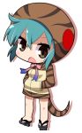  1girl aqua_hair bow chibi geta hands_in_pockets hood hoodie kemono_friends looking_at_viewer open_mouth osaragi_mitama ribbon short_hair simple_background snake_tail solo striped_hoodie tail tsuchinoko_(kemono_friends) white_background 